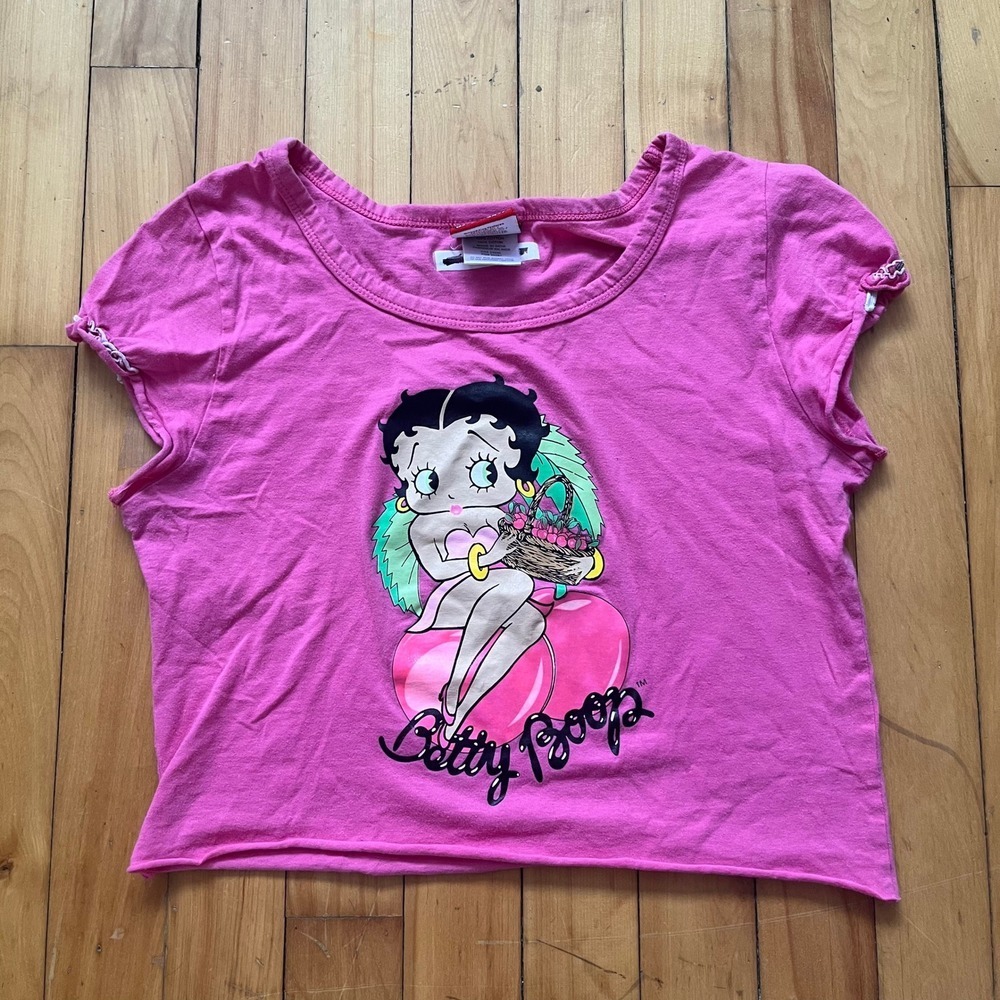 Betty Boop Vintage 2008 Pink Graphic Crop Top Cap Sleeve Baby Tee Womens Medium - Picture 1 of 7